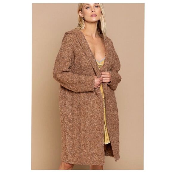 𝅺WOOL Blend Chunky Boucle knit Hooded Cardigan in Caramel - Picture 6 of 15